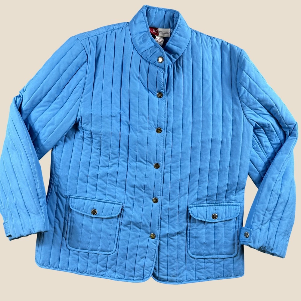 JM Collection Quilted Jacket Women 10 Blue Snap Button Front Mock Neck Coastal